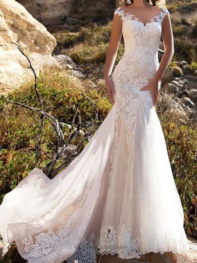 Mermaid \ Trumpet Wedding Dresses Jewel Neck Chapel Train Lace Tulle Sleeveless Glamorous