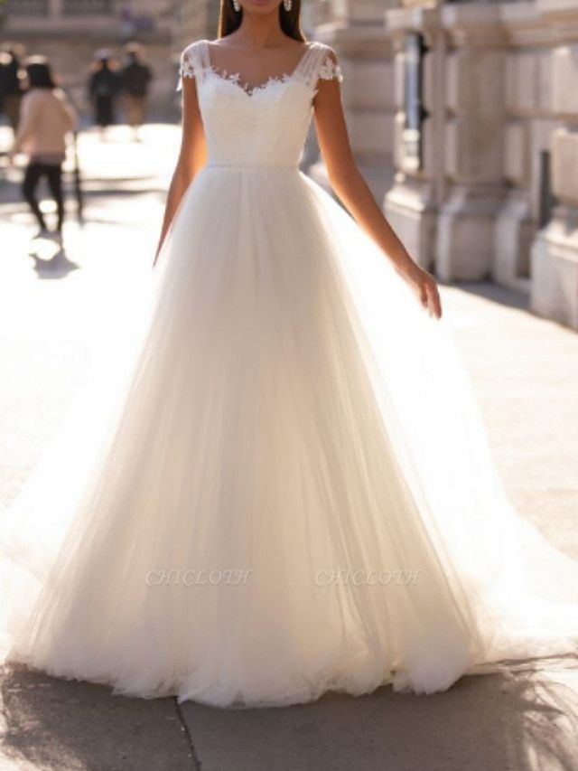 A-Line Wedding Dresses V Neck Floor Length Polyester Sleeveless Country Illusion Detail Plus Size