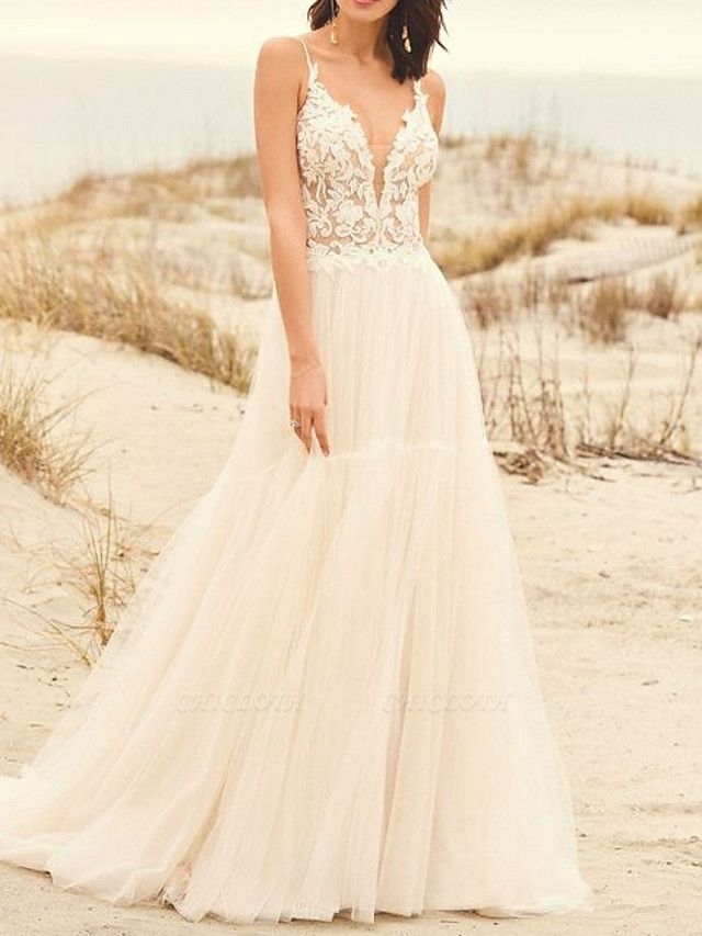 A-Line Wedding Dresses V Neck Sweep \ Brush Train Lace Tulle Spaghetti Strap Illusion Detail Backless