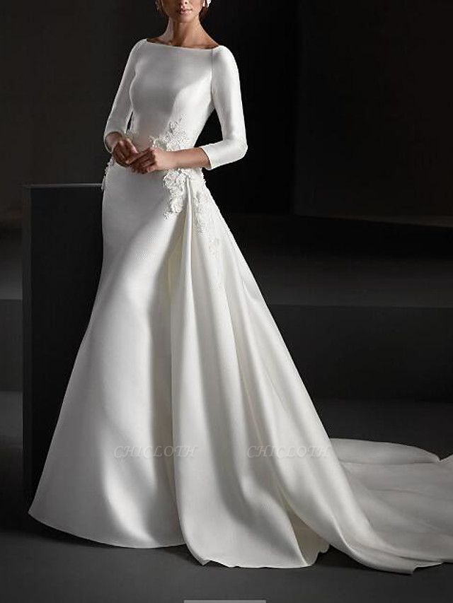 A-Line Wedding Dresses Jewel Neck Sweep \ Brush Train Stretch Satin Long Sleeve Country Plus Size