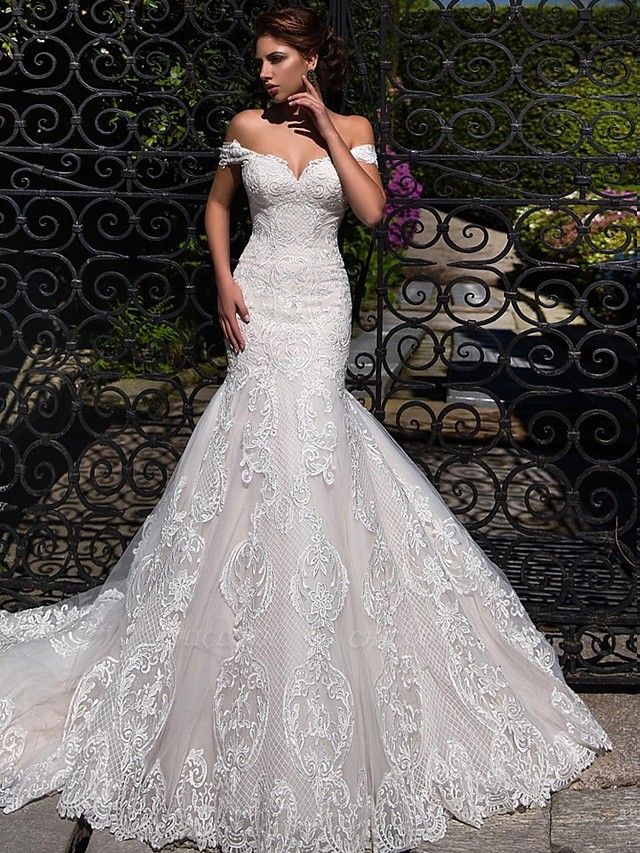 Mermaid \ Trumpet Off Shoulder Court Train Lace Tulle Short Sleeve Sexy Backless Wedding Dresses