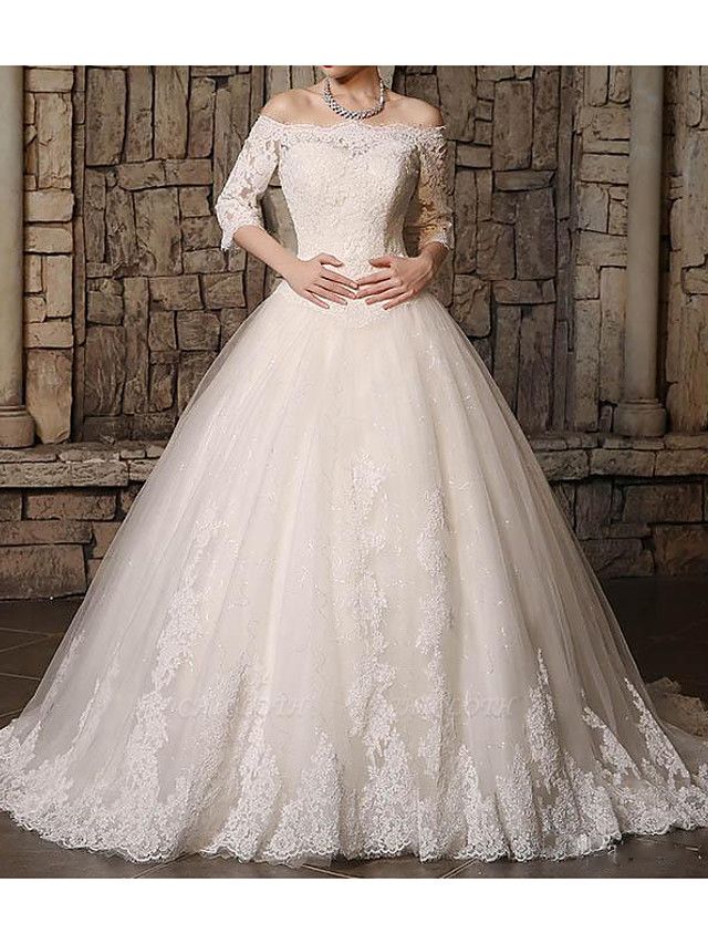 Ball Gown Off Shoulder Court Train Polyester 3\4 Length Sleeve Country Plus Size Wedding Dresses