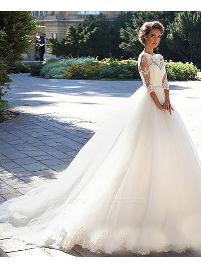 A-Line Wedding Dresses Off Shoulder Court Train Lace 3\4 Length Sleeve Casual Beach Vintage Illusion Sleeve