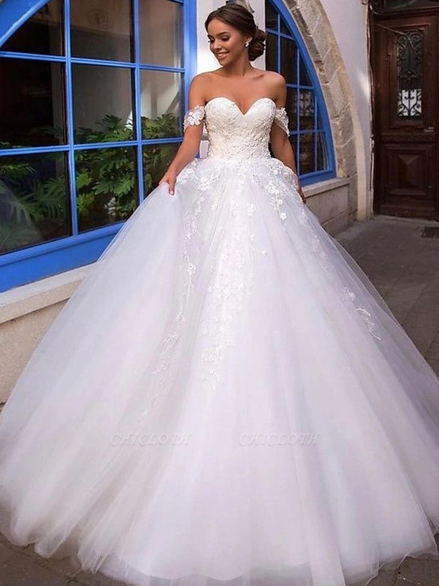 Ball Gown Off Shoulder Court Train Lace Tulle Short Sleeve Country Romantic Illusion Detail Backless Wedding Dresses