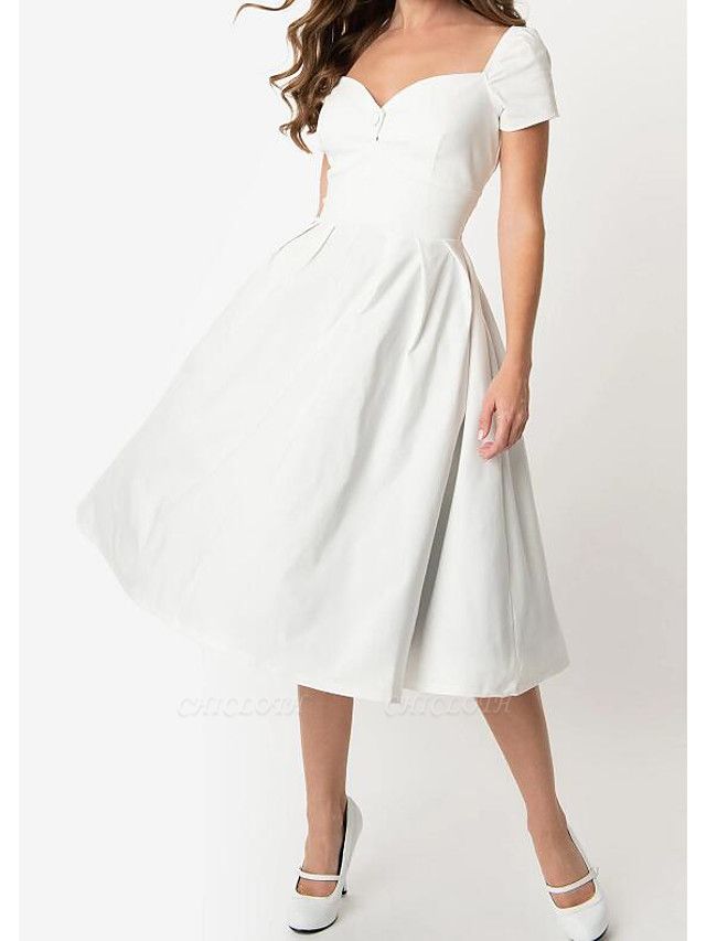 A-Line Wedding Dresses Sweetheart Neckline Knee Length Cotton Short Sleeve Simple Little White Dress