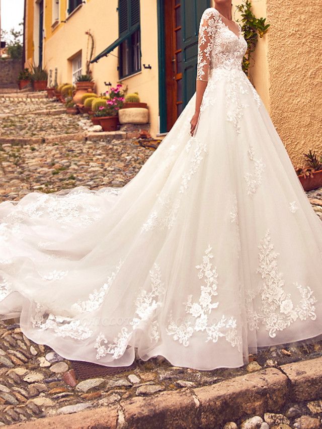A-Line Jewel Neck Sweep \ Brush Train Lace Tulle 3\4 Length Sleeve Formal Sexy Illusion Sleeve Wedding Dresses
