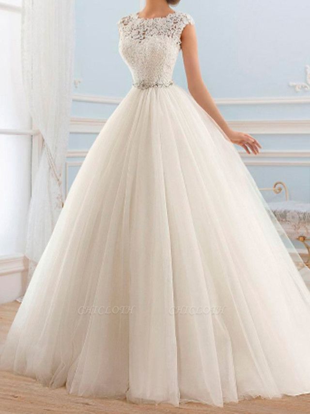 Ball Gown Wedding Dresses Jewel Neck Sweep \ Brush Train Lace Tulle Cap Sleeve Glamorous Vintage Sparkle & Shine Illusion Detail