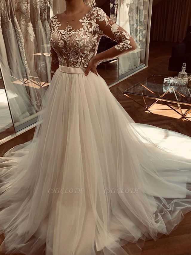 A-Line Wedding Dresses Jewel Neck Sweep \ Brush Train Lace Tulle Long Sleeve Sexy See-Through