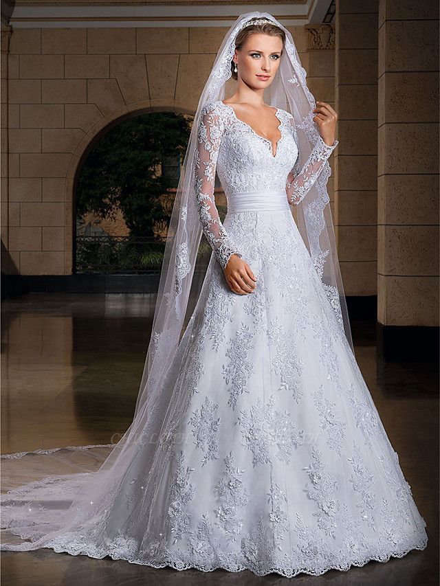 A-Line Wedding Dresses V Neck Court Train Lace Sequined Long Sleeve Formal Sexy Illusion Sleeve
