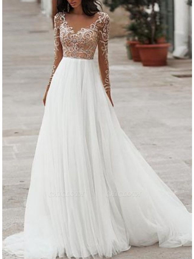A-Line Wedding Dresses V Neck Floor Length Tulle Long Sleeve Romantic Beach Boho See-Through Illusion Sleeve