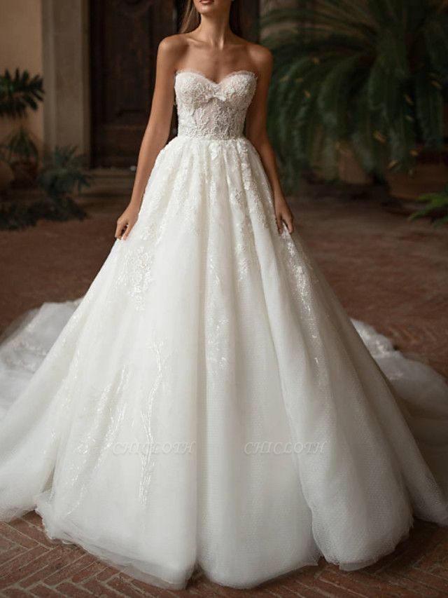 Ball Gown Wedding Dresses Strapless Sweep \ Brush Train Lace Tulle Strapless Formal Plus Size
