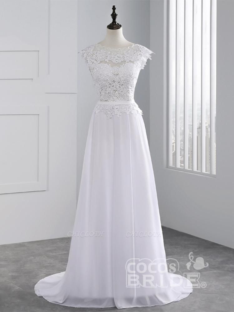 Cheap Jewel Backless Lace A-Line Wedding Dresses