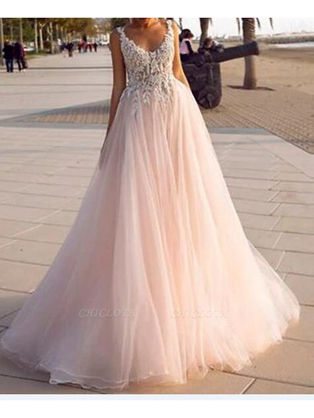 A-Line V Neck Court Train Lace Tulle Sleeveless Country Beach Sexy Wedding Dress in Color Wedding Dresses