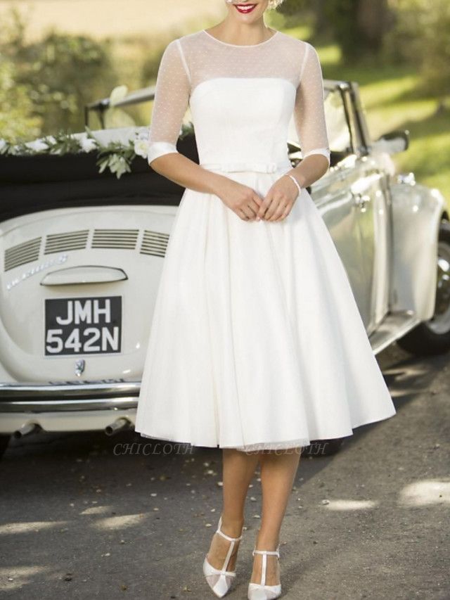 A-Line Wedding Dresses Jewel Neck Tea Length Satin Tulle Half Sleeve Vintage Sexy Wedding Dress in Color