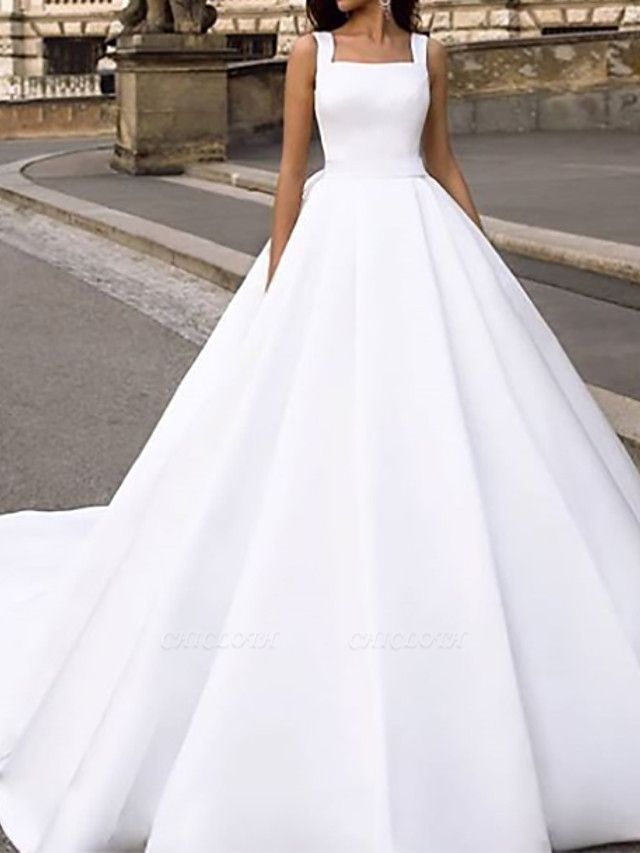 Ball Gown Wedding Dresses Square Neck Court Train Chiffon Over Satin Cap Sleeve Country