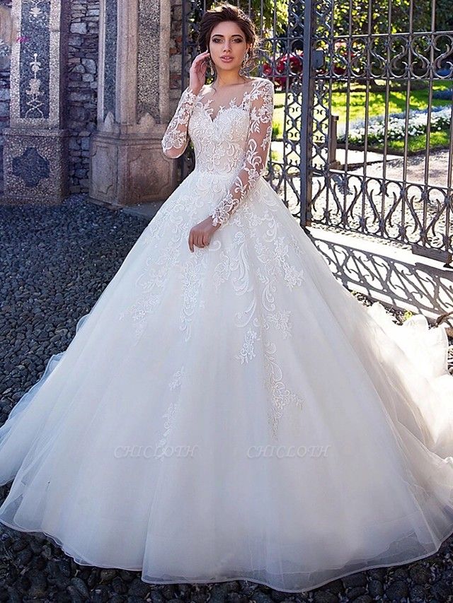 Ball Gown Jewel Neck Court Train Lace Tulle Long Sleeve Plus Size Illusion Sleeve Wedding Dresses