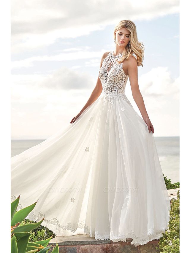 A-Line Wedding Dresses Jewel Neck Sweep \ Brush Train Chiffon Lace Regular Straps Beach Boho Backless