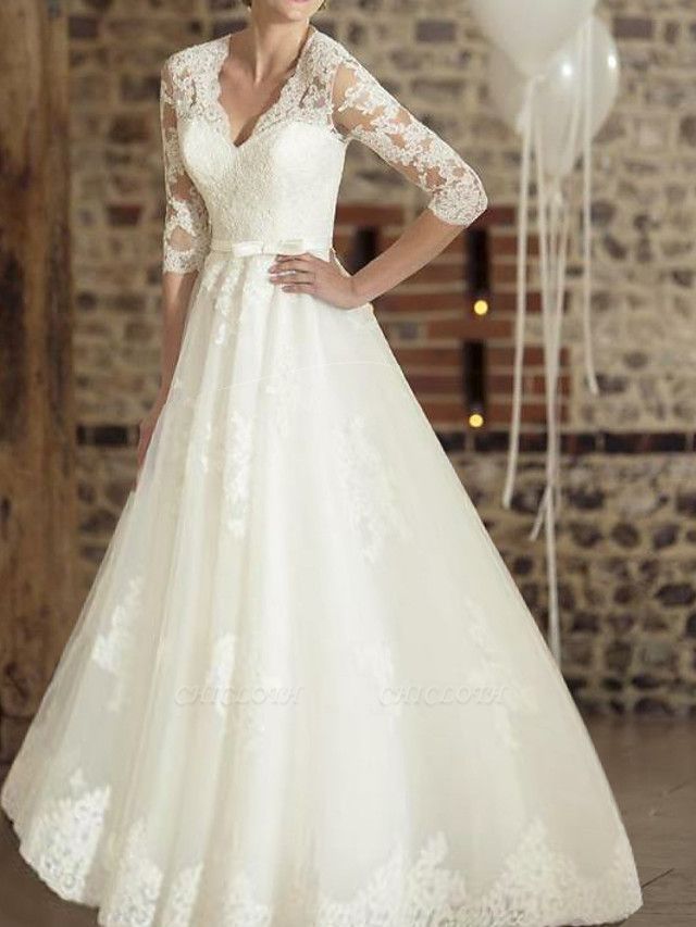 A-Line Wedding Dresses V Neck Floor Length Lace Tulle Half Sleeve Country Plus Size