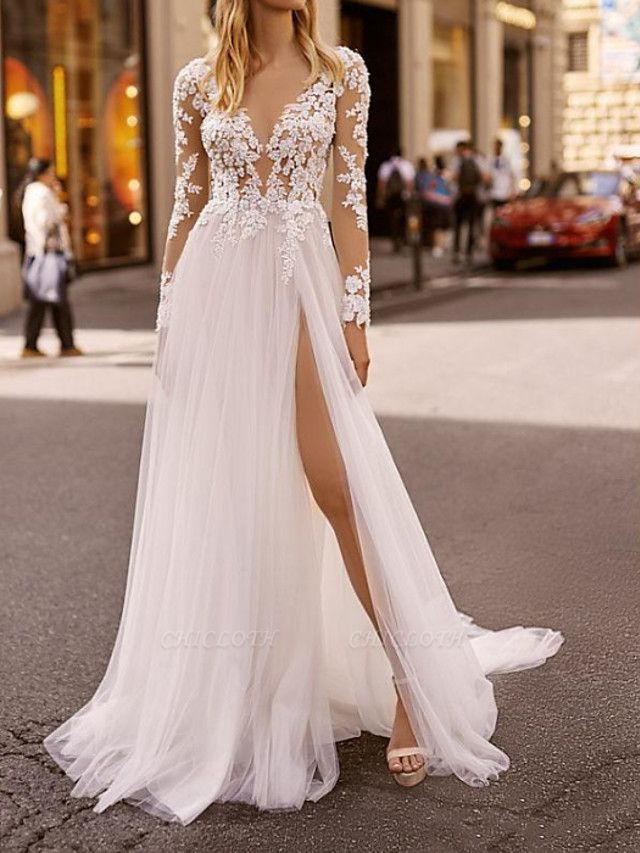 A-Line Wedding Dresses Plunging Neck Sweep \ Brush Train Lace Tulle Chiffon Over Satin Long Sleeve Country Plus Size