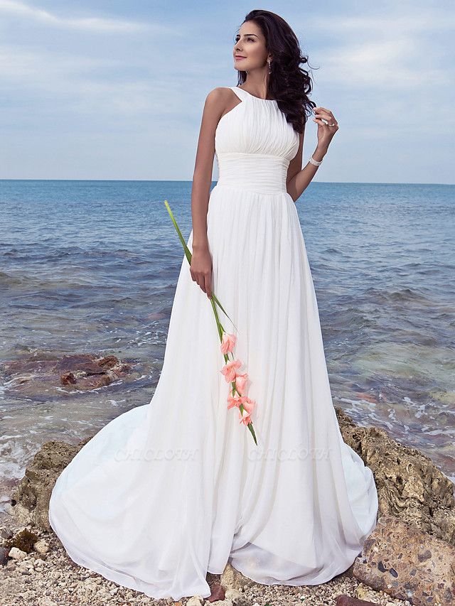 A-Line Wedding Dresses Jewel Neck Sweep \ Brush Train Chiffon Regular Straps Formal Beach Plus Size