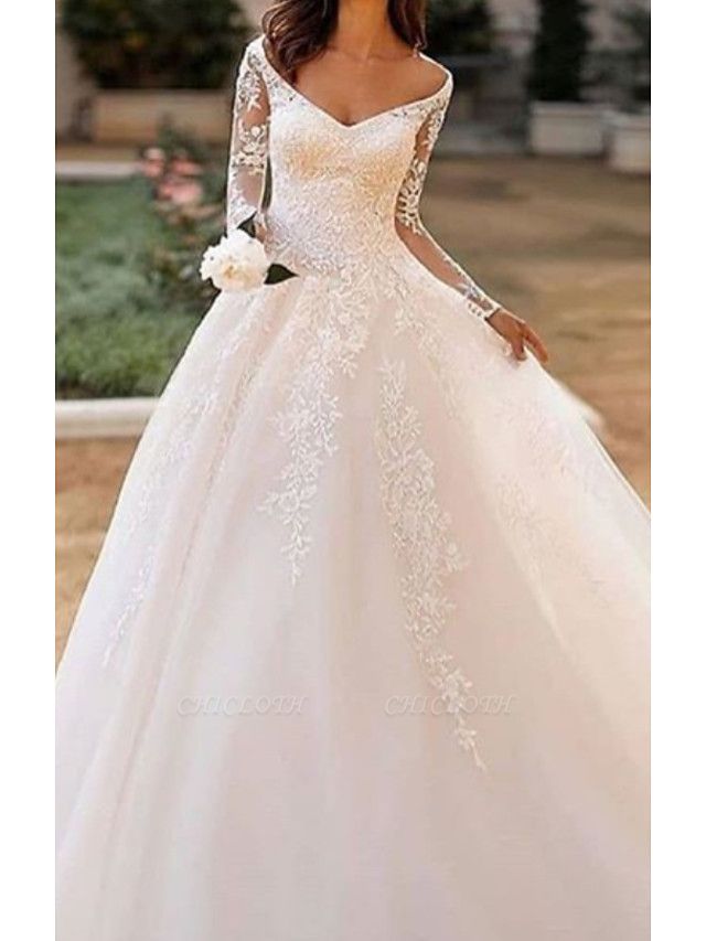 A-Line Wedding Dresses Bateau Neck V Neck Court Train Lace Tulle Long Sleeve Illusion Sleeve