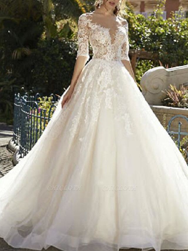 Ball Gown V Neck Sweep \ Brush Train Tulle Polyester Half Sleeve Country Plus Size Wedding Dresses