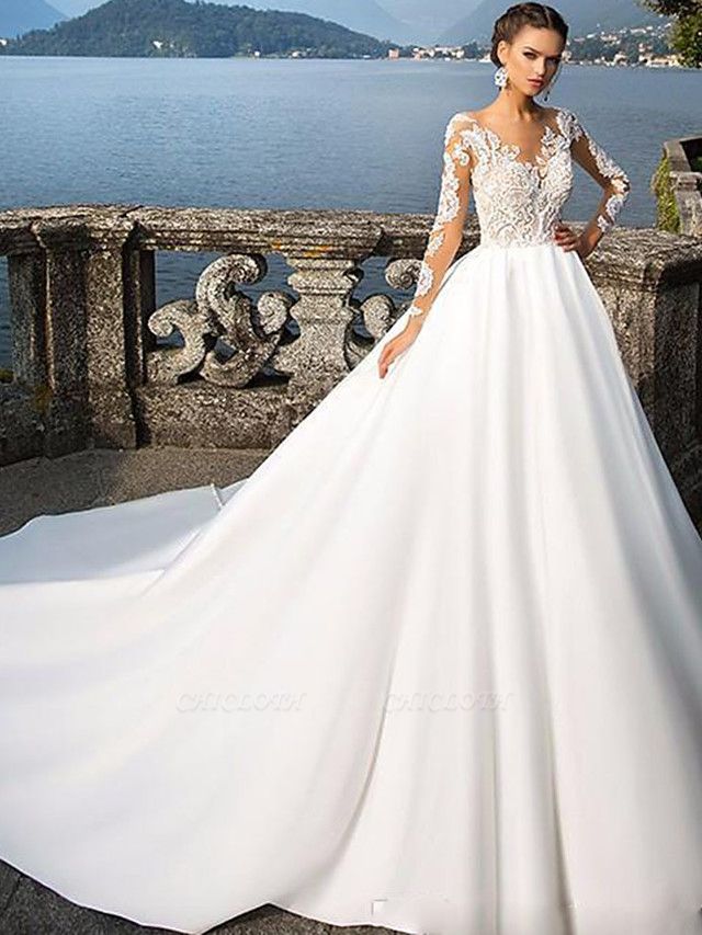 A-Line Wedding Dresses Jewel Neck Court Train Satin Long Sleeve Sexy Wedding Dress in Color