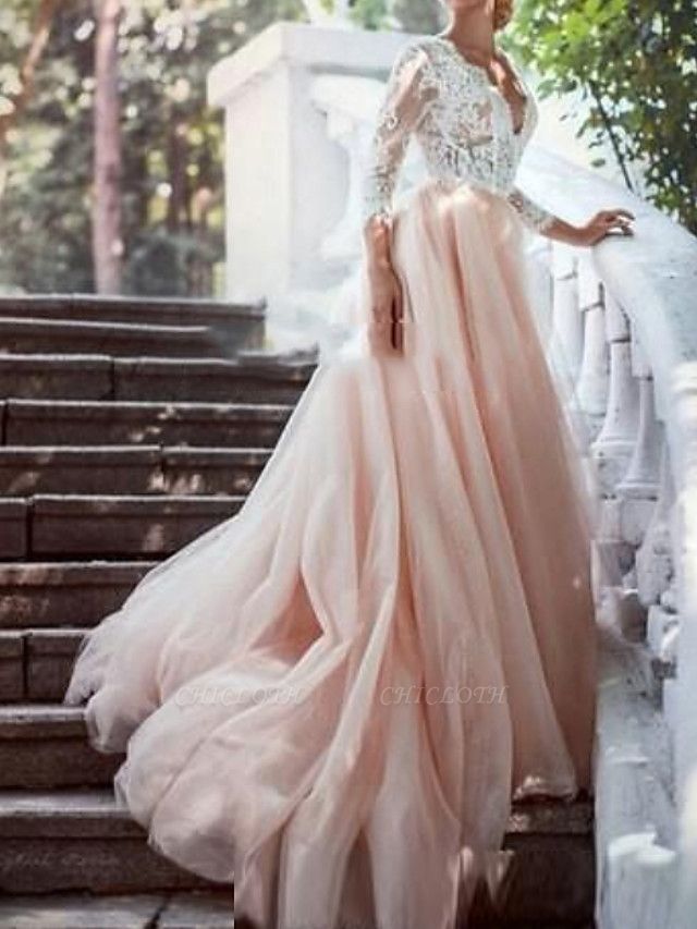 A-Line Wedding Dresses Plunging Neck Sweep \ Brush Train Polyester 3\4 Length Sleeve Country Plus Size