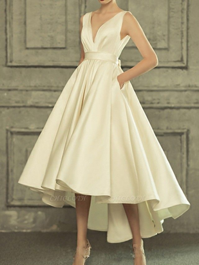 A-Line Wedding Dresses V Neck Asymmetrical Satin Regular Straps Simple Casual Vintage Little White Dress