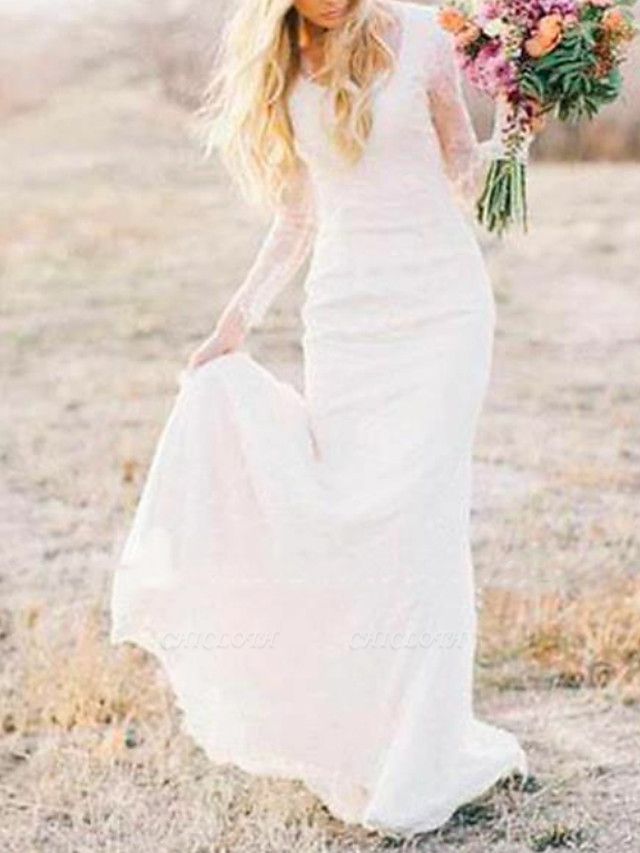 Sheath \ Column Wedding Dresses Scoop Neck Sweep \ Brush Train Lace Long Sleeve Illusion Sleeve