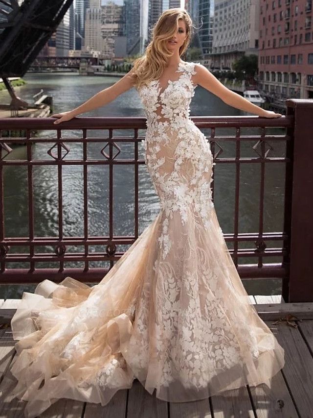 Mermaid \ Trumpet Jewel Neck Chapel Train Lace Tulle Regular Straps Illusion Detail Backless Wedding Dresses