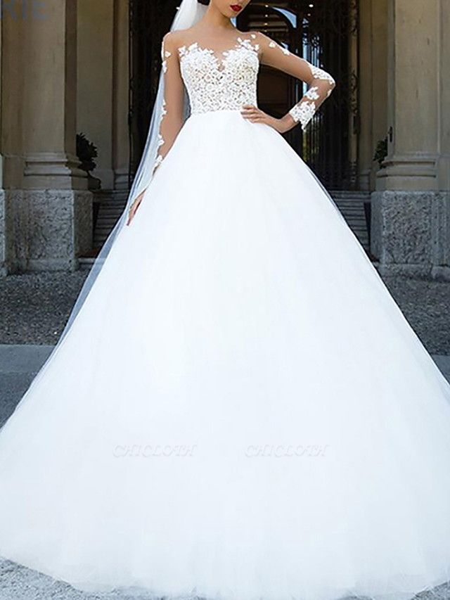 Ball Gown A-Line Wedding Dresses Jewel Neck Sweep \ Brush Train Lace Tulle Long Sleeve Formal Sexy See-Through Backless
