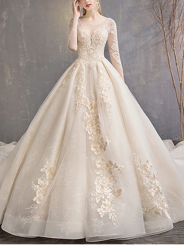 A-Line Wedding Dresses Jewel Neck Floor Length Lace Tulle 3\4 Length Sleeve Casual Plus Size Illusion Sleeve