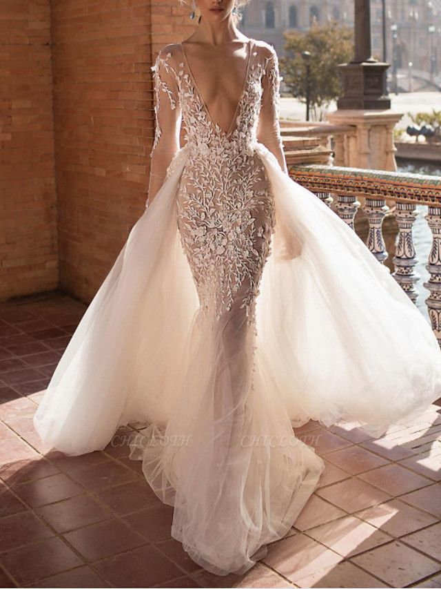 Two Piece A-Line Wedding Dresses Plunging Neck Sweep \ Brush Train Lace Tulle Sleeveless Beach Sexy See-Through Backless