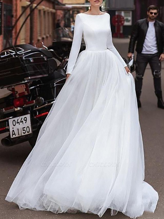 A-Line Wedding Dresses Jewel Neck Sweep \ Brush Train Satin Tulle Long Sleeve Simple