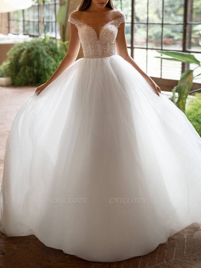 A-Line Wedding Dresses Off Shoulder Court Train Tulle Short Sleeve Plus Size