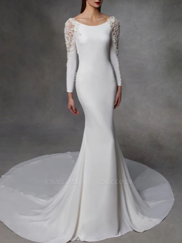 Mermaid \ Trumpet Wedding Dresses Jewel Neck Court Train Stretch Satin Lace Over Satin Long Sleeve Simple Sexy Illusion Detail Backless