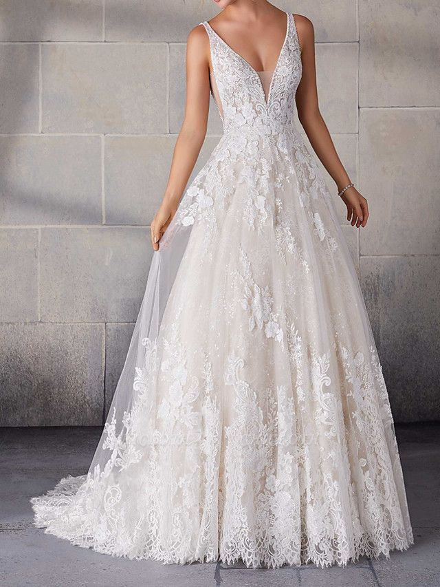 A-Line Wedding Dresses Spaghetti Strap Sweep \ Brush Train Lace Tulle Sleeveless Country Plus Size