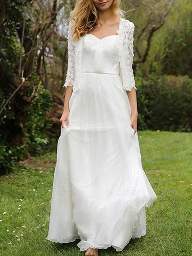 A-Line Wedding Dresses Sweetheart Neckline Floor Length Chiffon Lace Half Sleeve Simple Beach Cape