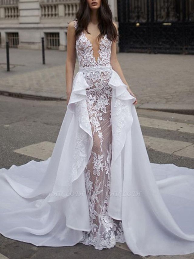 A-Line Wedding Dresses Plunging Neck Sweep \ Brush Train Detachable Lace Tulle Chiffon Over Satin Sleeveless Romantic Sexy See-Through