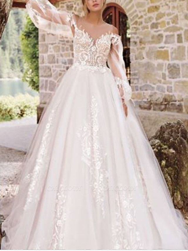 A-Line Wedding Dresses Jewel Neck Floor Length Lace Tulle Long Sleeve Formal See-Through