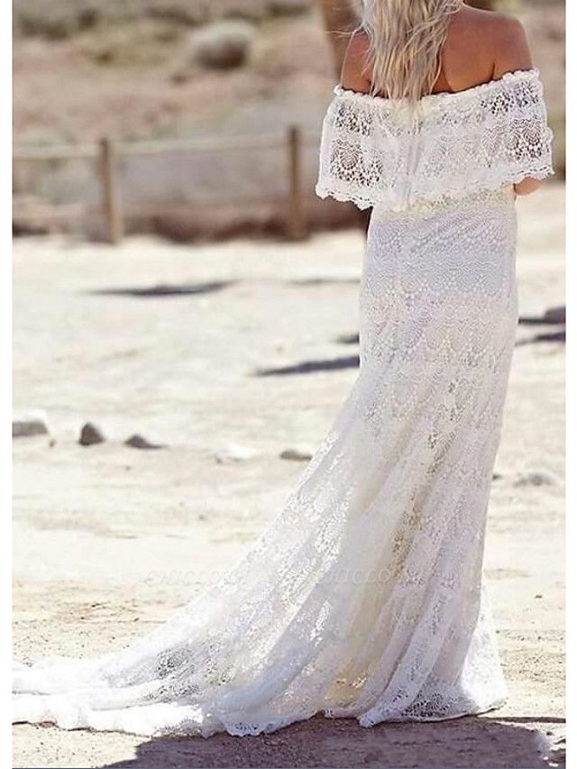 Sheath \ Column Wedding Dresses Off Shoulder Sweep \ Brush Train Lace Half Sleeve Country Plus Size