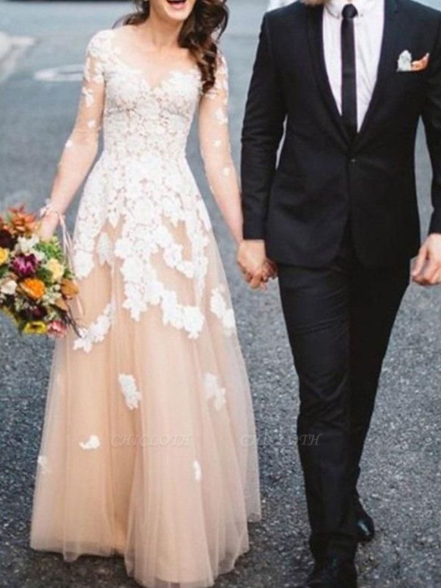 A-Line Wedding Dresses Jewel Neck Sweep \ Brush Train Lace Tulle Long Sleeve Formal See-Through