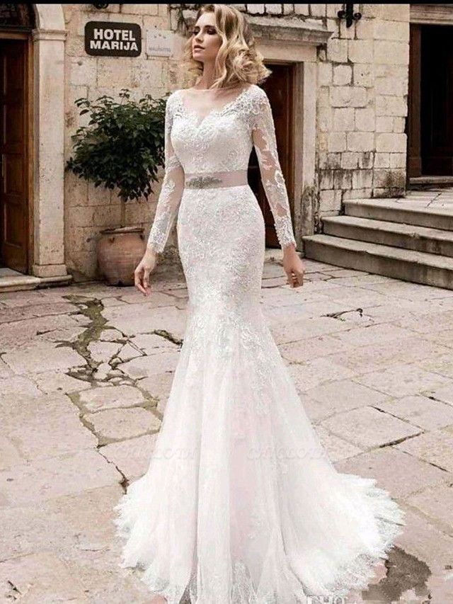 Mermaid \ Trumpet Wedding Dresses Jewel Neck Court Train Lace Tulle Lace Over Satin Long Sleeve Plus Size Illusion Sleeve