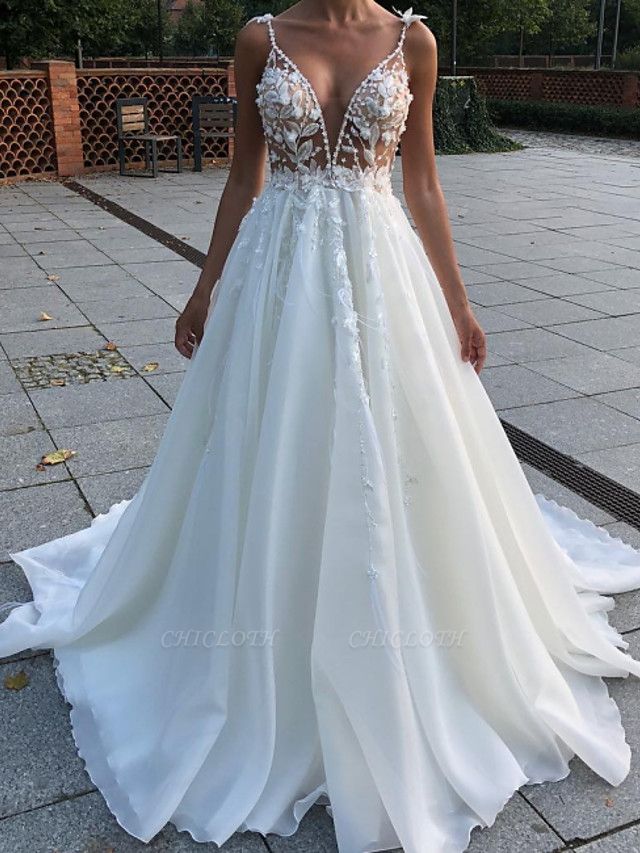 A-Line Wedding Dresses V Neck Spaghetti Strap Sweep \ Brush Train Lace Sleeveless Country Plus Size