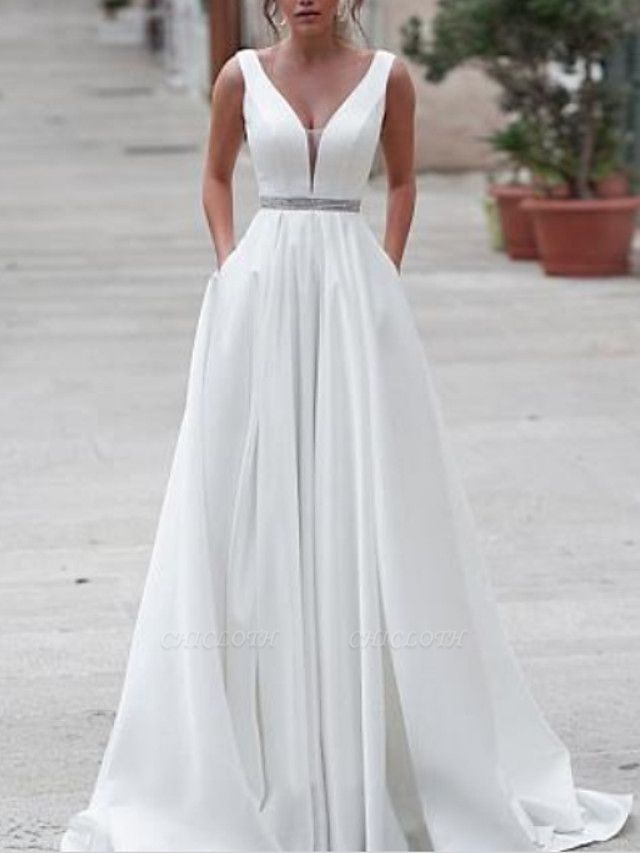 A-Line Wedding Dresses V Neck Sweep \ Brush Train Satin Regular Straps