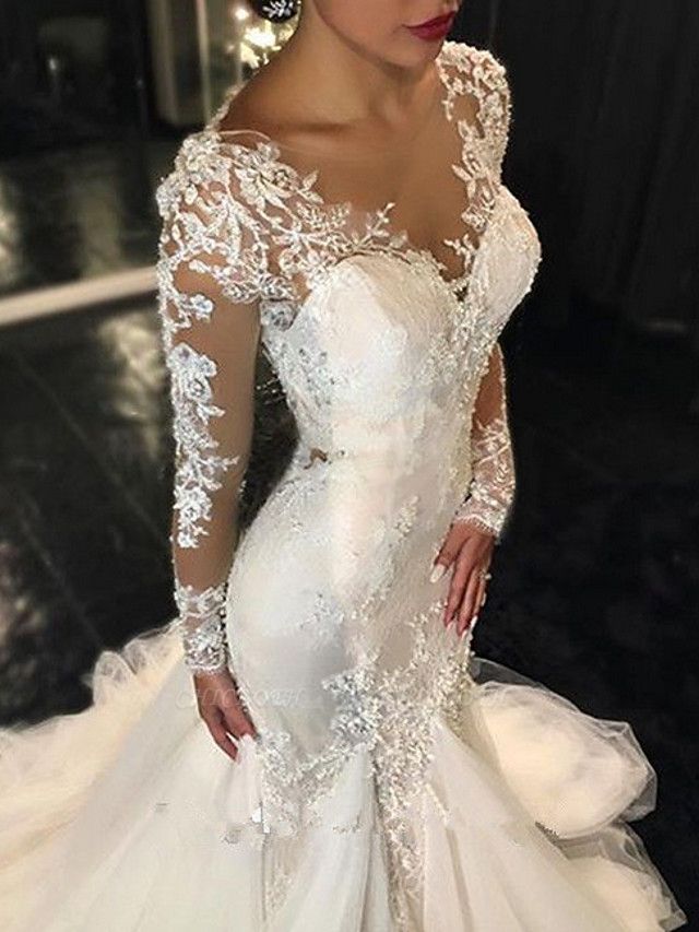 Mermaid \ Trumpet V Neck Sweep \ Brush Train Tulle Long Sleeve Sexy See-Through Backless Illusion Sleeve Wedding Dresses