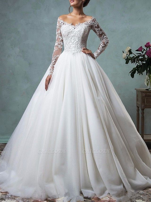 A-Line Wedding Dresses Off Shoulder Floor Length Tulle Long Sleeve Formal Plus Size