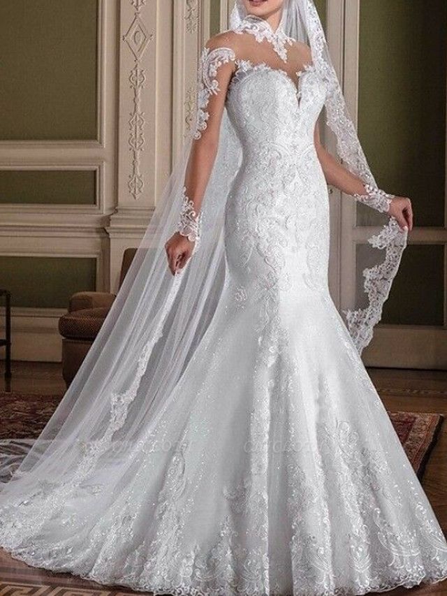 Mermaid \ Trumpet Wedding Dresses High Neck Sweep \ Brush Train Lace Long Sleeve Sexy See-Through Illusion Sleeve