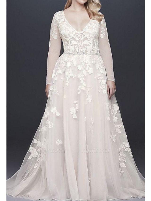 A-Line Wedding Dresses V Neck Court Train Lace Tulle Long Sleeve Illusion Sleeve